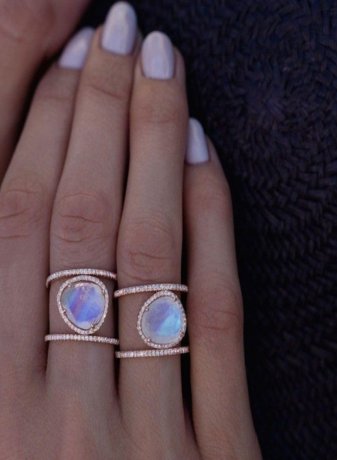 Gixaxak Bohemia Irregular Moonstone Ring - 14K Rose Gold Plated Zircon & Opal Diamond Cocktail Wedding Band (Size 7) - Image 5