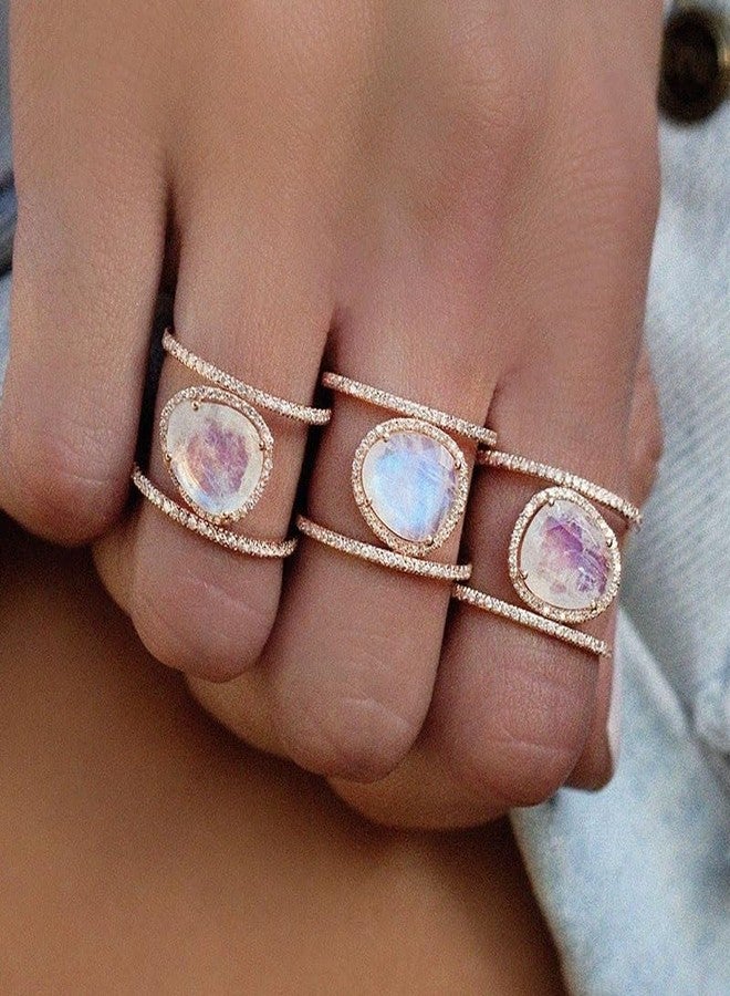 Gixaxak Bohemia Irregular Moonstone Ring - 14K Rose Gold Plated Zircon & Opal Diamond Cocktail Wedding Band (Size 7) - Image 3