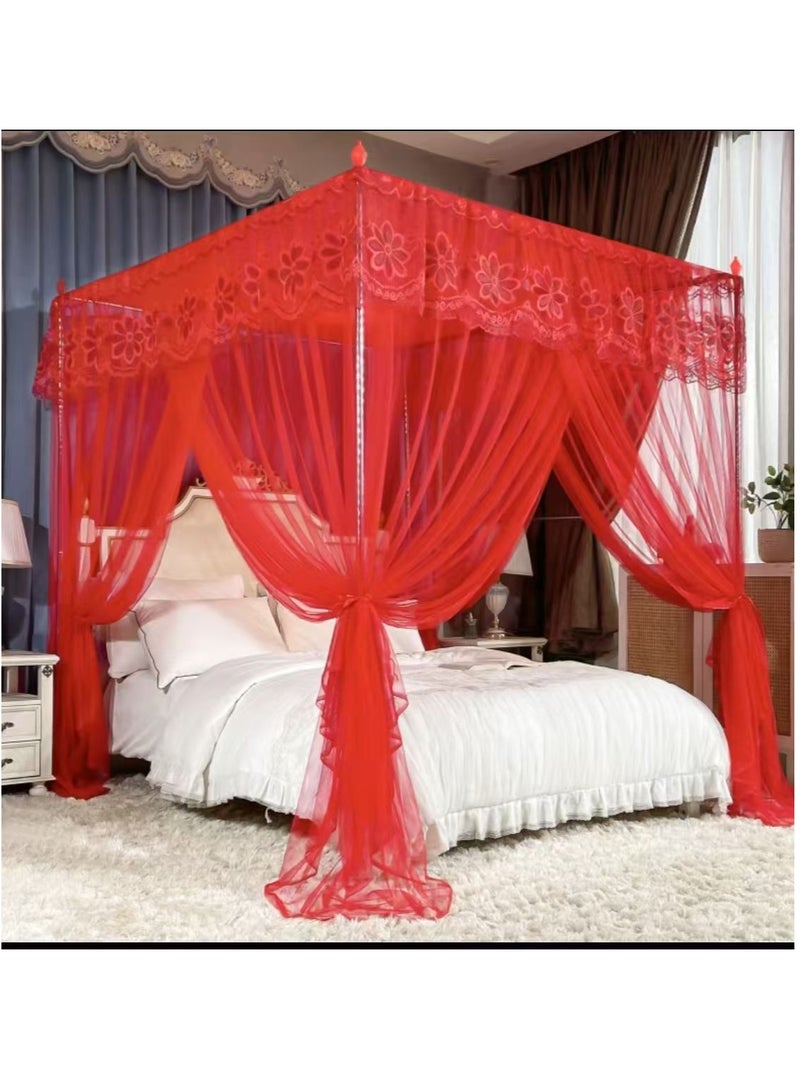 4 Corner Canopy Bed Curtains Red Color Princess Style Bedroom Decor For Home And Hotel Use