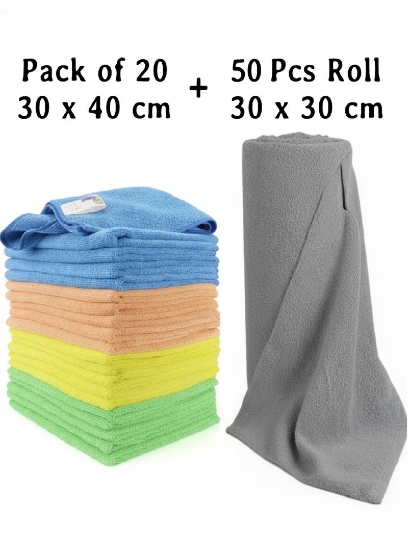 ZAQ Microfiber Cleaning Cloth Multicolour Pack of 20 30x40 centimeter + 50 Pcs Microfiber Cleaning Cloth Roll 30x30 cm Tear-Easy Sheets, Super Absorbent, Lint-Free & Reusable Towels for Car, Kitchen.(Grey)Bundle - Image 1