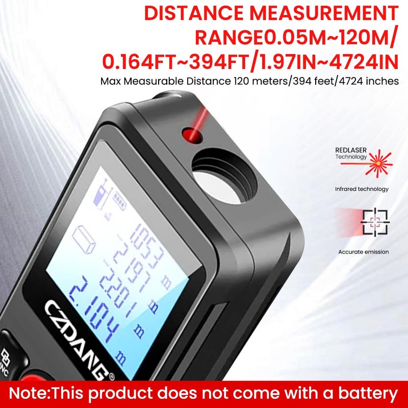 Serplex ® 120m Laser Distance Measurer With Dual Bubble Level, LCD Backlit Display, ±3mm Accuracy, Memory Function, Area/Volume/Pythagorean Mode, IP54 Dustproof, For Construction (Battery Not Included) - Image 2
