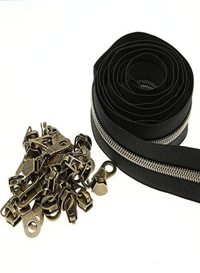 SHUNLI #5 Metallic Nylon Coil Zippers by The Yards Antique Brass Teeth Black Tape with 25 PCS Pulls Sliders for DIY Tailor Sewing Crafts Bag(Anqitue Brass Black) SHUNLI - Image 3