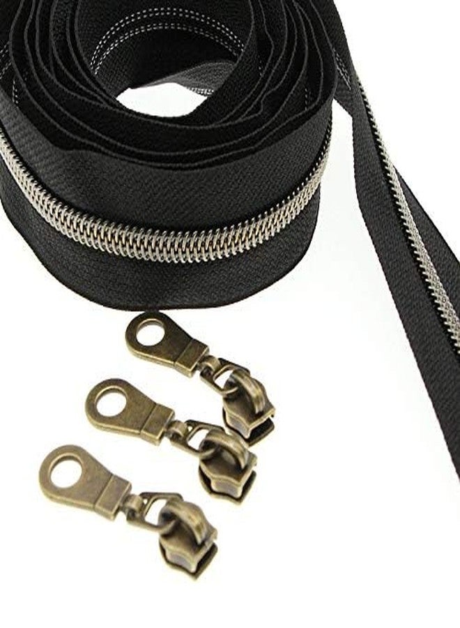 SHUNLI #5 Metallic Nylon Coil Zippers by The Yards Antique Brass Teeth Black Tape with 25 PCS Pulls Sliders for DIY Tailor Sewing Crafts Bag(Anqitue Brass Black) SHUNLI - Image 2