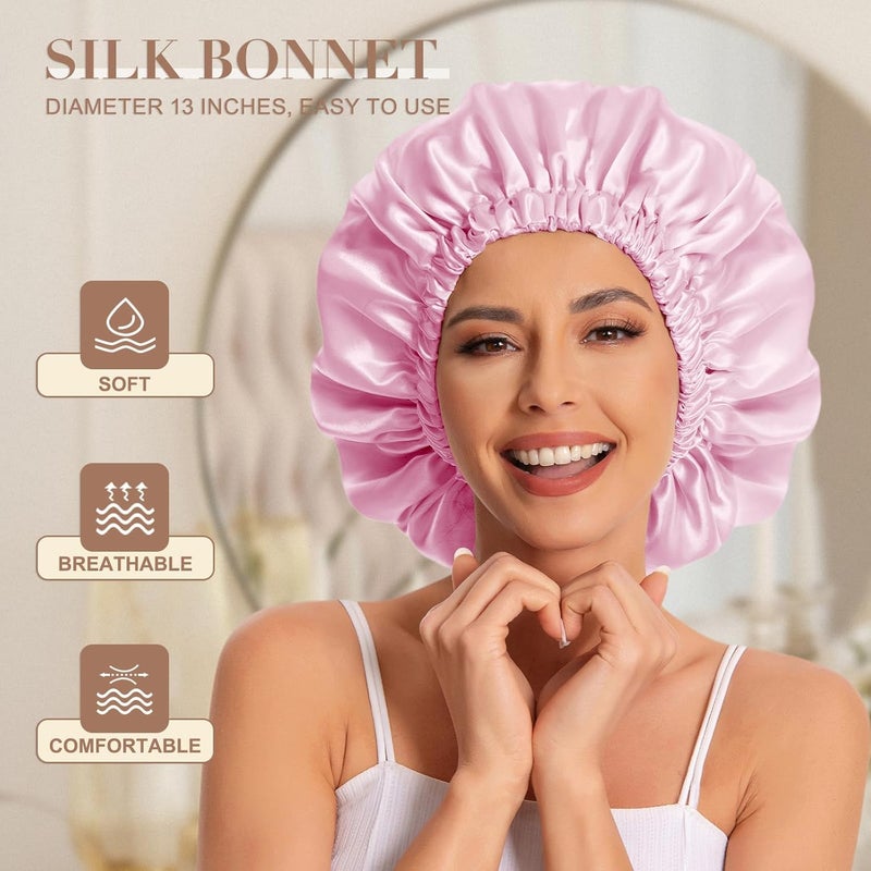 Edoneery Satin Bonnet Silk Hair Bonnet for Sleeping - Slouchy Beanie Hat Satin Sleep Cap for Women's Natural & Curly Hair (Blue Zircon & Dark Pink) - Image 3