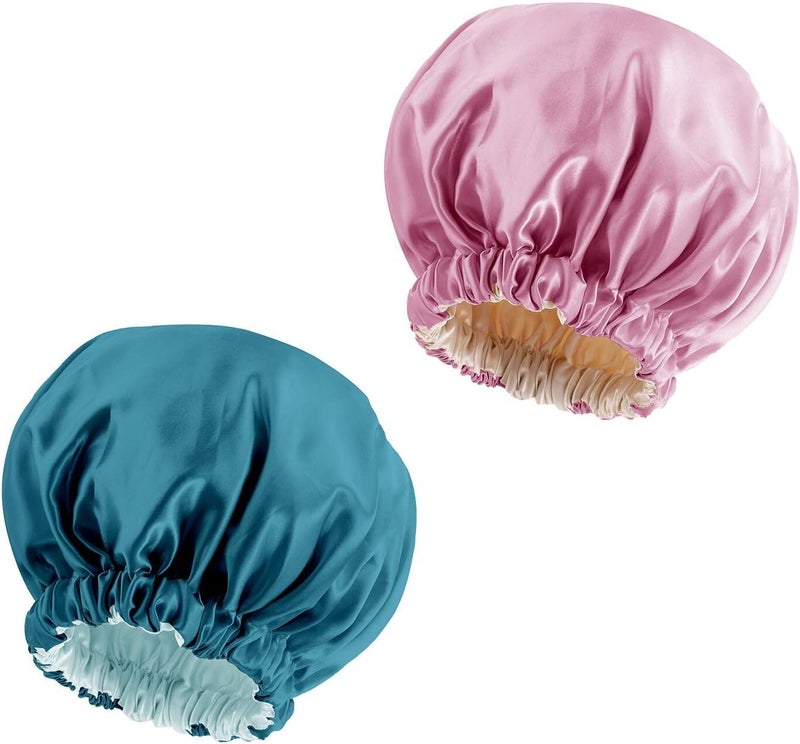 Edoneery Satin Bonnet Silk Hair Bonnet for Sleeping - Slouchy Beanie Hat Satin Sleep Cap for Women's Natural & Curly Hair (Blue Zircon & Dark Pink) - Image 1