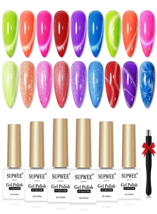 SUPWEE Neon Cat Eye Gel Nail Polish, 6 Colors Magnetic Gel Nail Polish Summer Colora Green Yellow Hot Pink Collection with Magnetic Soak Off UV Lamp Perfect for Beginner and Salon Manicure - Image 1