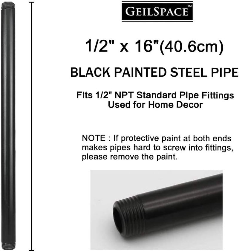 GeilSpace 6 Pack 1/2" × 16" Pre-Cut Black Metal Pipe, Industrial Steel Fits Standard Half Inch Black Threaded Pipes and Fittings - Vintage DIY Industrial Shelving (1/2" × 16") - Image 2