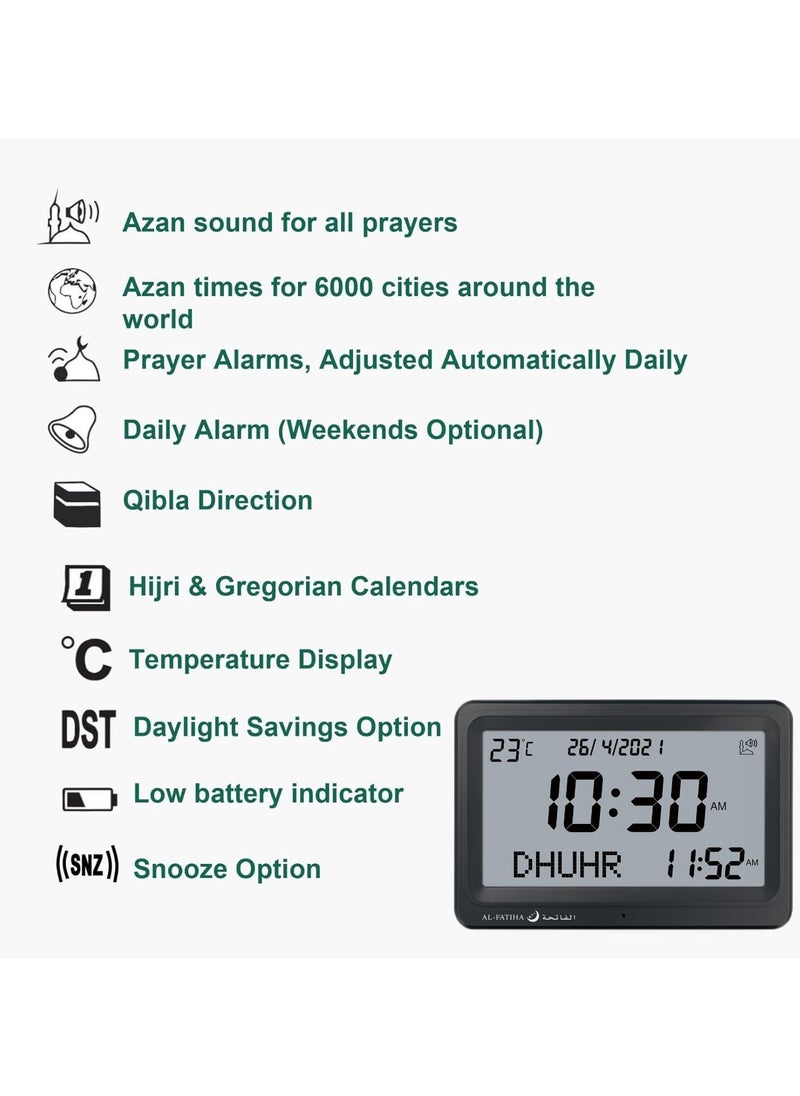 Generic - AL-FATIHA Automatic Worldwide Digital 8 Azan Prayer Sounds Islamic Wall and Desk Clock Black - Image 1