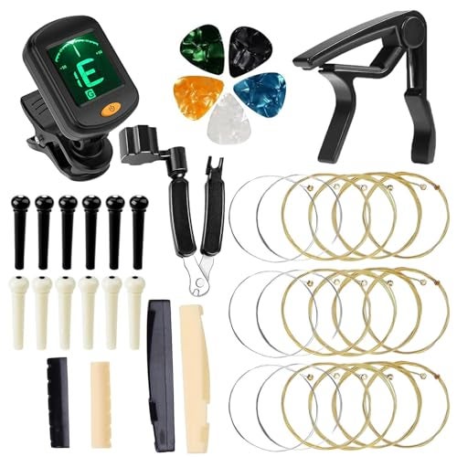IMAGINEA Acoustic Guitar Accessories Tool Kit Including 3 Guitar Strings, Tuner, Capo, 3 in1 Resetting Winder Tool, Bridge Pins, Guitar Nuts Saddle (Black and White) & 5 Picks - Image 1