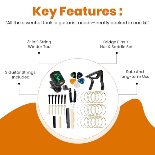 IMAGINEA Acoustic Guitar Accessories Tool Kit Including 3 Guitar Strings, Tuner, Capo, 3 in1 Resetting Winder Tool, Bridge Pins, Guitar Nuts Saddle (Black and White) & 5 Picks - Image 2