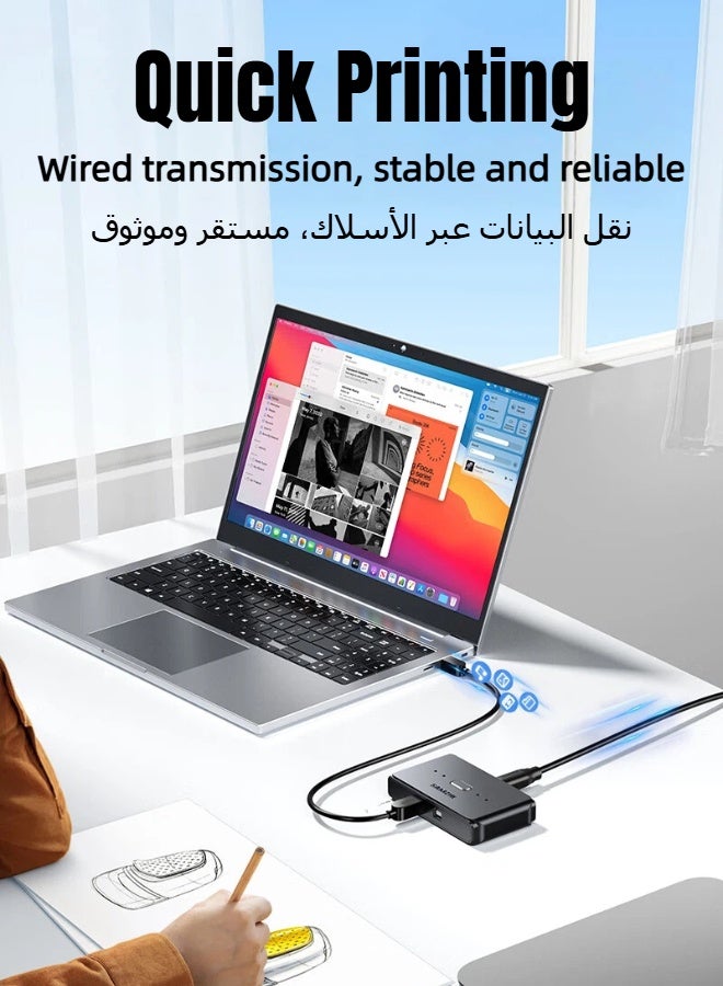 SAMZHE مفتاح مشاركة طابعة USB بمنفذين، 2 في 1 مخرج USB يدوي، جهازي كمبيوتر يتشاركان في طابعة واحدة، ماسح ضوئي، لوحة مفاتيح، ماوس، محرك فلاش USB، التوصيل والتشغيل للمنزل والمكتب، يأتي مع كابلين طابعة USB بطول 1.5 متر - Image 5