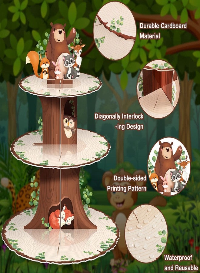 meekoo 3 Tier Woodland Baby Shower Cupcake Stand Party Decorations Jungle Animal Theme Cupcake Holder Decorations Woodland Creatures Dessert Tower for Boy Girl Forest Animal Birthday Party Supplies - Image 3