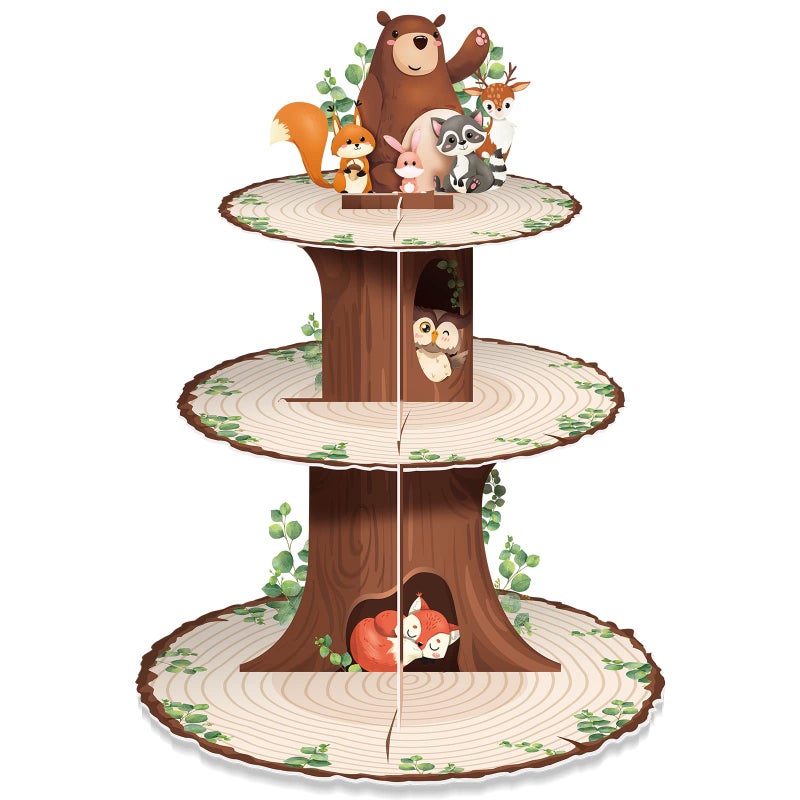 meekoo 3 Tier Woodland Baby Shower Cupcake Stand Party Decorations Jungle Animal Theme Cupcake Holder Decorations Woodland Creatures Dessert Tower for Boy Girl Forest Animal Birthday Party Supplies - Image 1