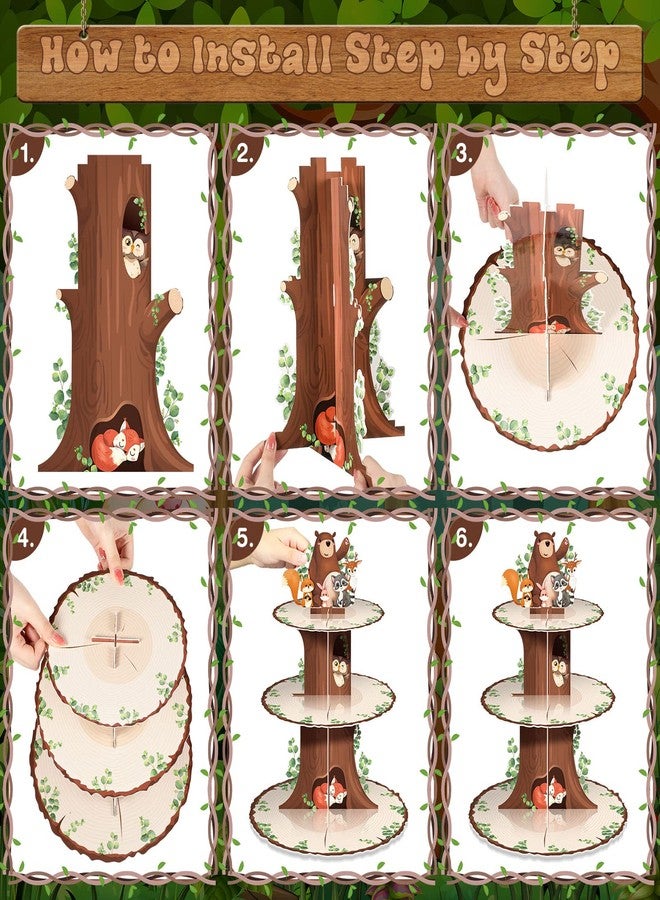meekoo 3 Tier Woodland Baby Shower Cupcake Stand Party Decorations Jungle Animal Theme Cupcake Holder Decorations Woodland Creatures Dessert Tower for Boy Girl Forest Animal Birthday Party Supplies - Image 4