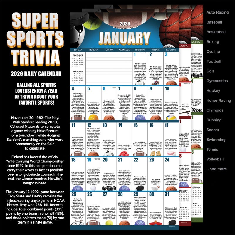 TF Publishing 2026 Sports Facts & Trivia Wall Calendar - Large Grids for Appointments and Scheduling - Vertical Monthly Wall Calendar 2026 with Matte Paper for Home and Office Organization - 12x12in - Image 3