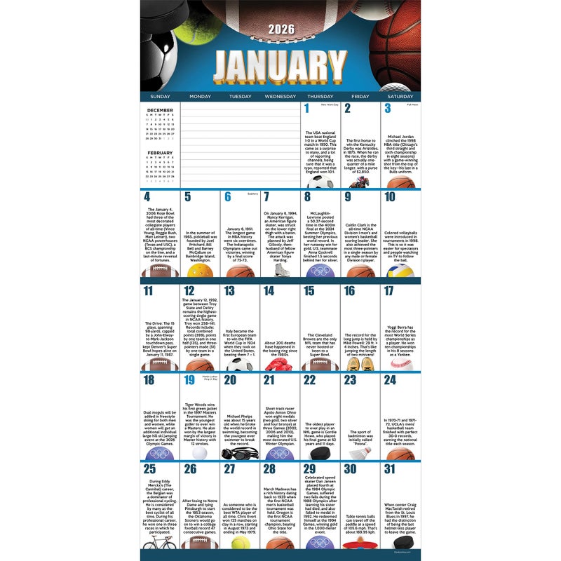 TF Publishing 2026 Sports Facts & Trivia Wall Calendar - Large Grids for Appointments and Scheduling - Vertical Monthly Wall Calendar 2026 with Matte Paper for Home and Office Organization - 12x12in - Image 2