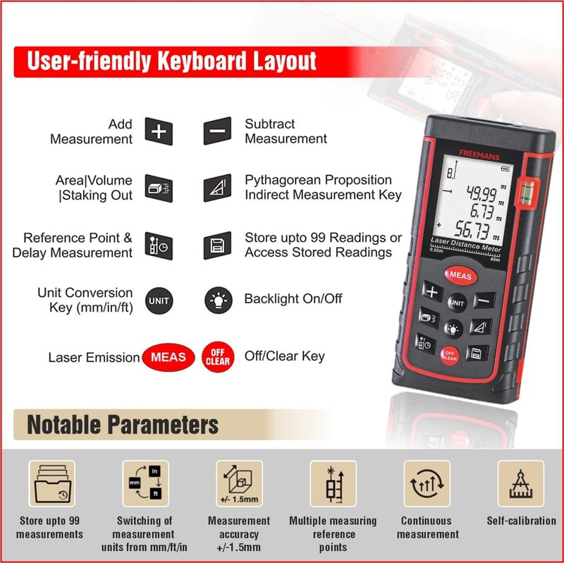 FREEMANS PRO-L40 Professional Laser Distance Meter 40m with Area, Volume, Pythagorean Measurement and Self-Calibration Function, Carry Bag and Batteries Included, Best Suitable for Indoor Measurements - Image 3