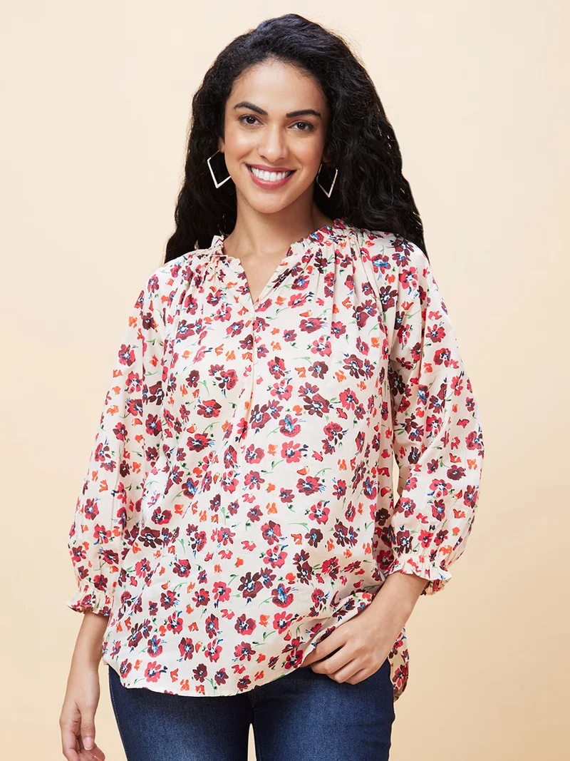 globus Women Floral Printed Cotton Regular Top