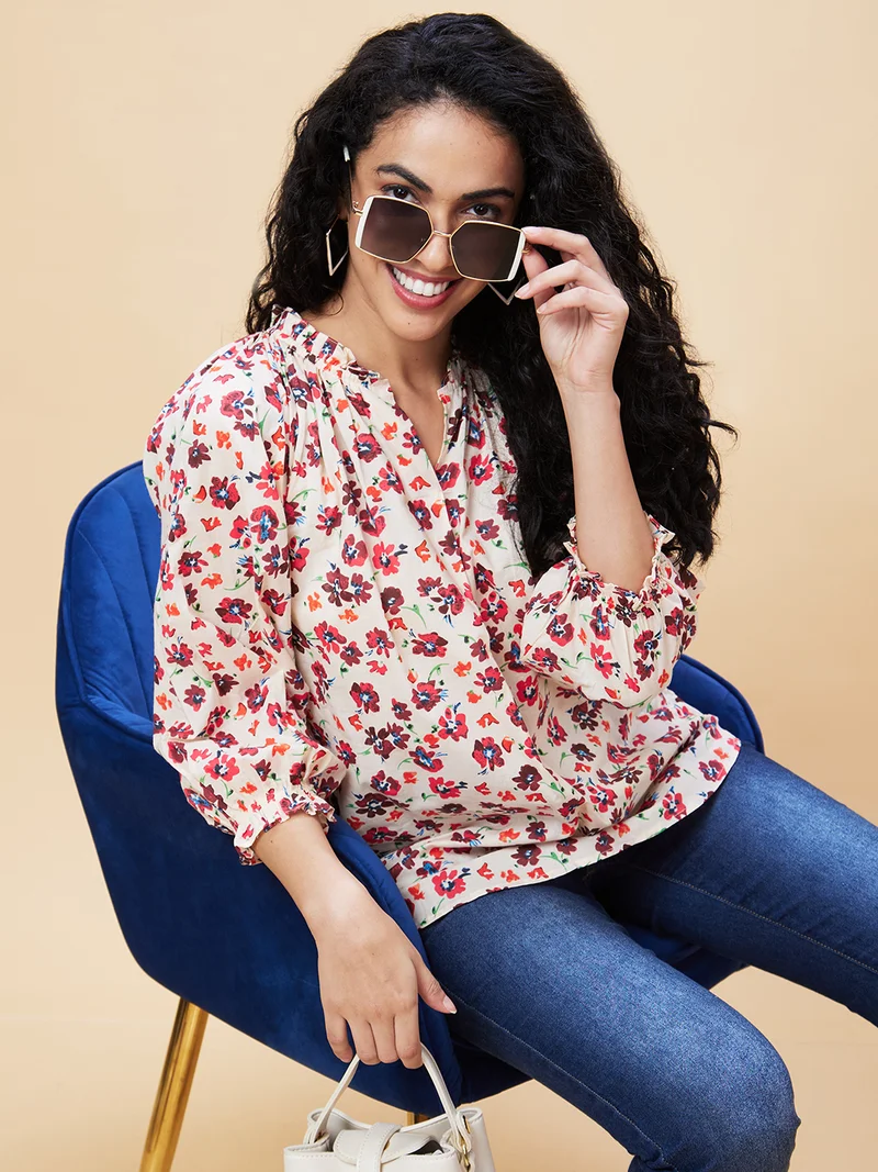globus Women Floral Printed Cotton Regular Top