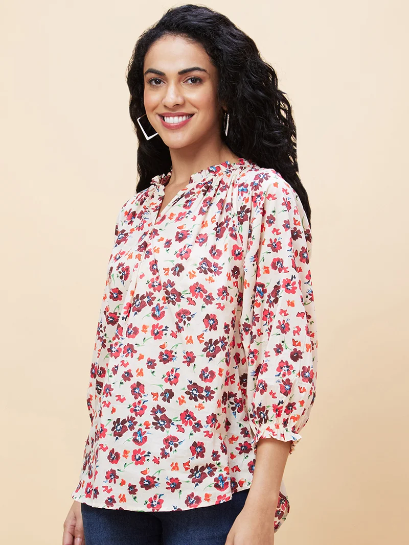 globus Women Floral Printed Cotton Regular Top