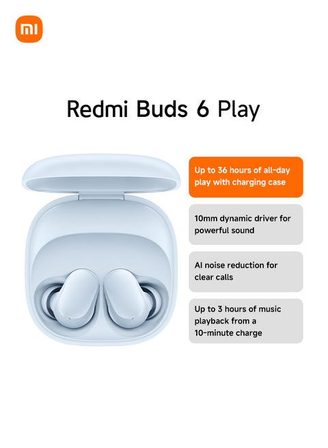Xiaomi Redmi Buds 6 Play - In-Ear Headphones, 36h Battery Life, 10 mm Dynamic Driver with 4 EQ Settings, AI Noise Cancelling for Calls, Bluetooth 5.4, Quick Charge for 3h Music in 10 Minutes, Blue