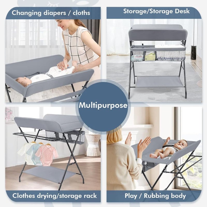 Fantastic-Kids-Toys (GREY) Adjustable Height Foldable Baby Changing Table with Nursery Organizer and Storage Shelf for Newborns and Infants 80 x 66 x 98 cm - Image 4