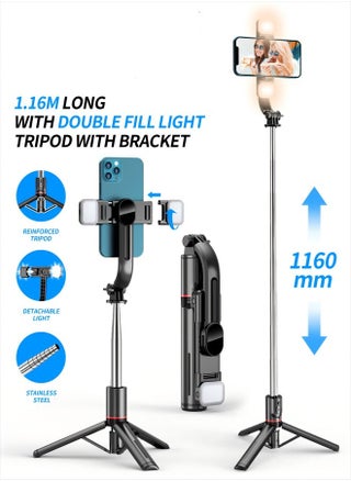 45.66‘’Selfie Stick Tripod with double fill light, Extendable Stainless Steel Tripod with Rechargeable Bluetooth Remote, Compatible with iPhone and Android Smartphones, Perfect for Travel, Vlog, Video and Photo - pzsku/Z7067CEF5DD4CB0F97821Z/45/1746223586/7ed4eba8-902a-4d63-8460-92250e56928d