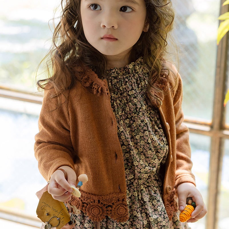 Spring 2025 Strawberry South Korea Childrens Girls Girls Hollow Embroidered Lace Short Knitted Cardigan Jacket St196A-Brown lace cardigan 