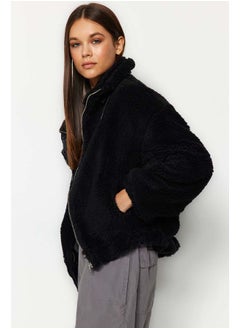 trendyol Black Oversize Molded Zippered Plush Jacket Coat TWOAW21MO0132  - Image 2