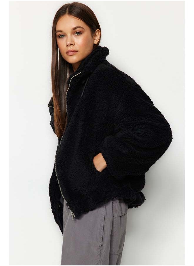 trendyol Black Oversize Molded Zippered Plush Jacket Coat TWOAW21MO0132  - Image 2