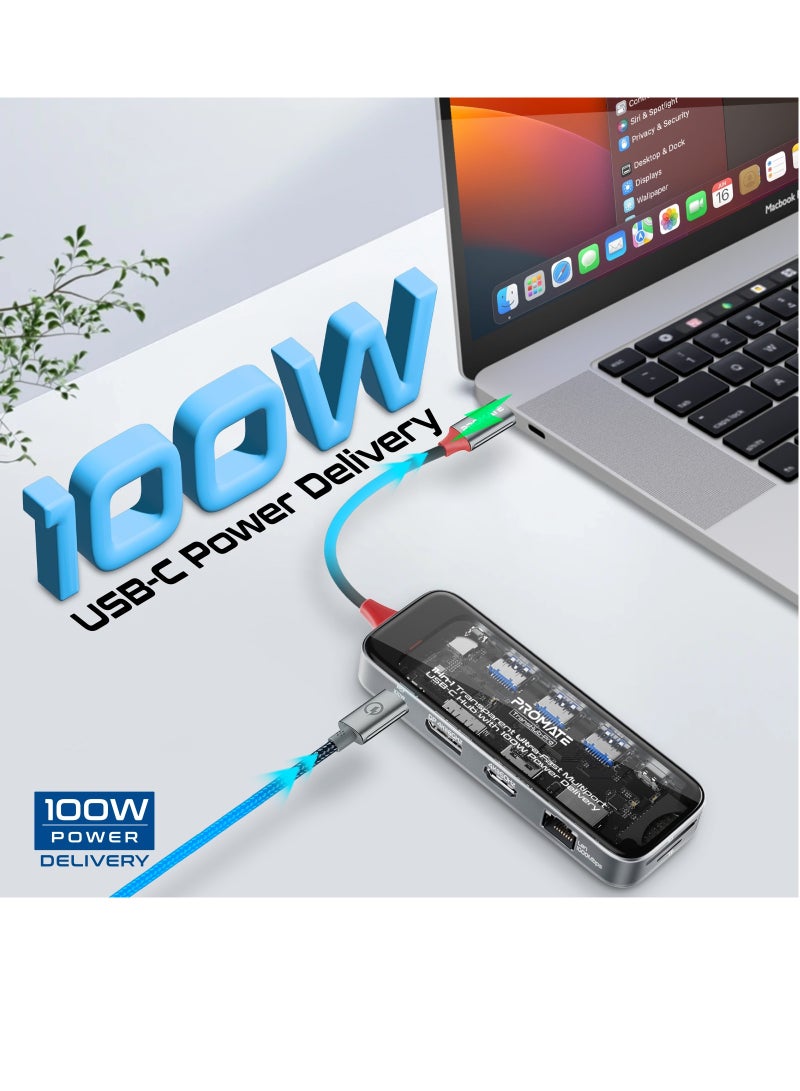 بروميت موزع بروميت USB-C، محور عرض متعدد 11 في 1 مع HDMI مزدوج 4K، منافذ عرض 4K، شبكة LAN فائقة السرعة 1000 ميجا بت في الثانية، AUX، فتحة بطاقة SD/TF، منافذ USB، USB-C فعال بقدرة 100 واط  توصيل الطاقة، TransHub-Pro باللون الأسود - Image 3