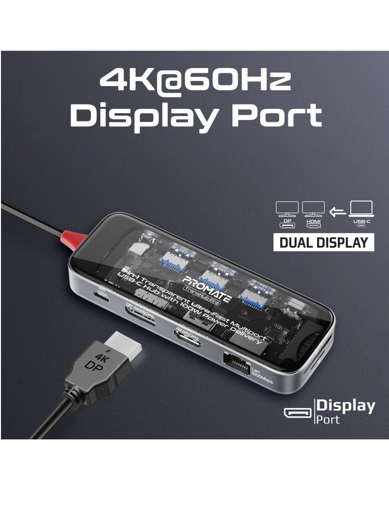 بروميت موزع بروميت USB-C، محور عرض متعدد 11 في 1 مع HDMI مزدوج 4K، منافذ عرض 4K، شبكة LAN فائقة السرعة 1000 ميجا بت في الثانية، AUX، فتحة بطاقة SD/TF، منافذ USB، USB-C فعال بقدرة 100 واط  توصيل الطاقة، TransHub-Pro باللون الأسود - Image 5