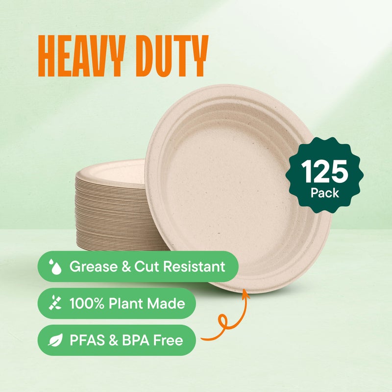 Stack Man Deep Dish Paper Plates, Heavy Duty Disposable Dinner Plates [125-Pack] 9 Inch Plates - 100% Compostable Eco-Friendly, Biodegradable Sugarcane Bagasse, Natural Brown 9" Paper Plate Disposable - Image 2