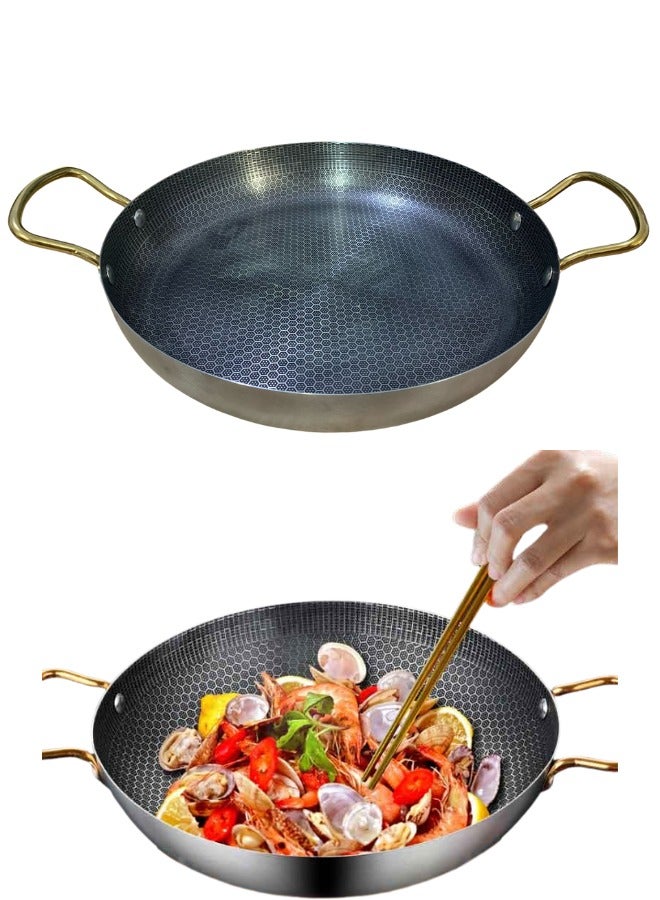 طاسة استانلس ستيل لتسوية وتقديم الطعام بيدين، طاسة قلي ووك عميقة غير لاصقة للقلي والتحمير وتقديم الطعام كلاسيكية صغيرة للاستخدام اليومي للطهاة (28 سم) - Image 1