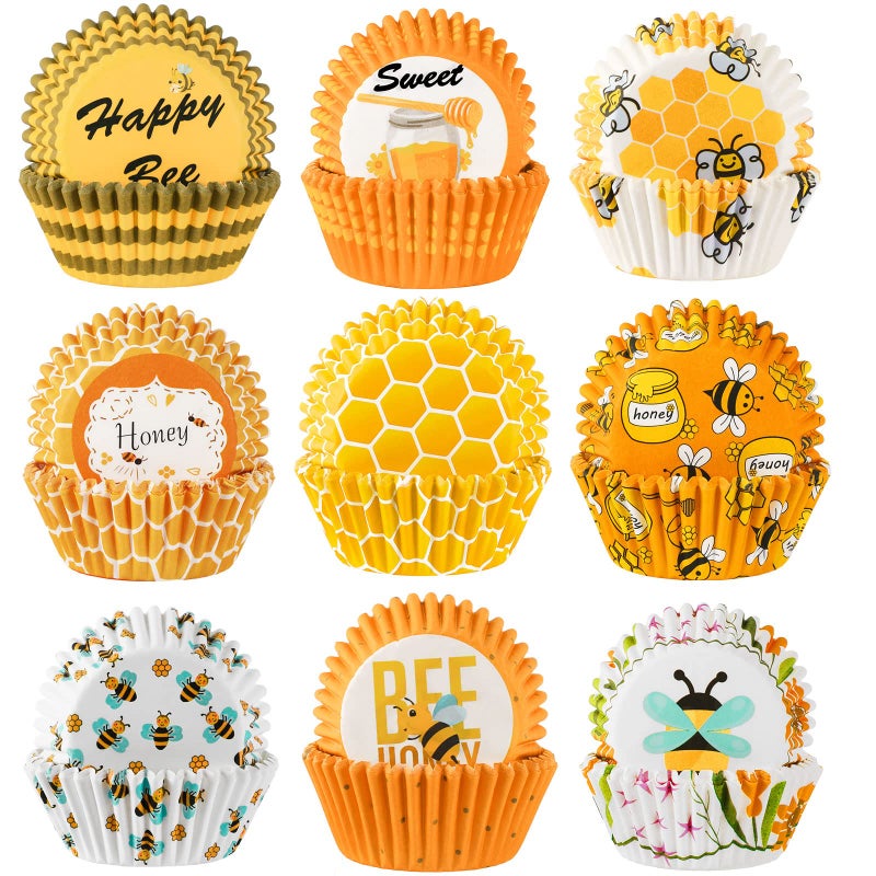 SANNIX 450pcs Yellow Cupcake Liners  9 Bee Designs for Parties  Celebrations