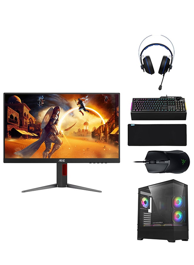اي او سي Monitor + Gaming PC Bundle - Intel Core i5-12400F, DDR4 32GB (2*16) 3600MHz Ram, 1TB NVMe M.2 SSD, RTX 3050 OC Edition 6GB GDDR6, 2 Fan AIO Liquid Cooler, 650W PSU, Windows 11 Pro + Razer Cobra Gaming Mouse + ASUS TUF K1 Membrane Gaming Keyboard + Asus Cerberus V2 Gaming Headset + HP MP9040 Mouse Pad + AOC 24 Inch IPS FHD 180Hz, 1ms, HDR10, HDMI 2.0, DisplayPort, Height Adjustable Stand - 24G4 Gaming Monitor Red/Black - Image 1