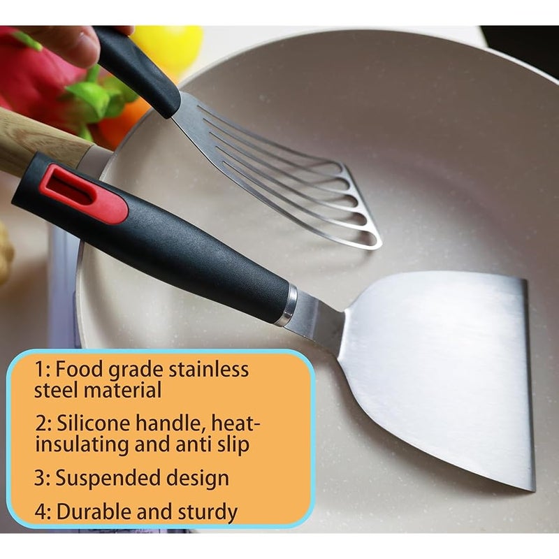 KLAQQED Spatula Set Stainless Steel Kitchen Metal Spatula for Cast Iron Skillet with Silicone Handle, Fish Spatula Turner Flipper for Pancake Burger Egg Cooking Spatulas BBQ Grill Griddle - Image 3