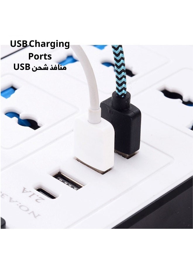 زابروس مقبس تمديد كهربائي 10 في 1 مع 6 منافذ تيار متردد عالمية و3 منافذ USB ومنفذ Type-C 2500 واط كابل 2 متر للاستخدام المنزلي والمكتبي والسفر والتجهيزات اليومية - Image 3