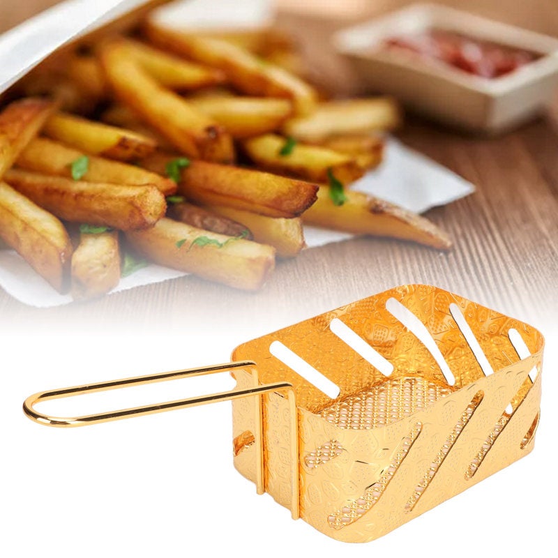 Stainless Steel Deep Fry Basket: 1 Pc Gold Colored, Safe Grip Handle, Easy To Clean - Multipurpose Fried Food Filter for Home Kitchen & Camping - Image 4