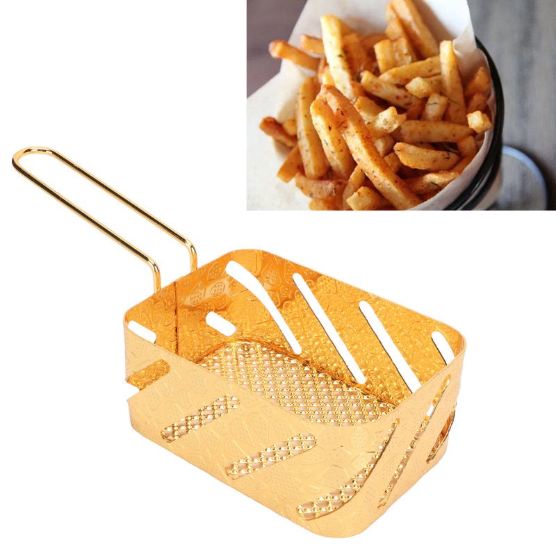 Stainless Steel Deep Fry Basket: 1 Pc Gold Colored, Safe Grip Handle, Easy To Clean - Multipurpose Fried Food Filter for Home Kitchen & Camping - Image 2