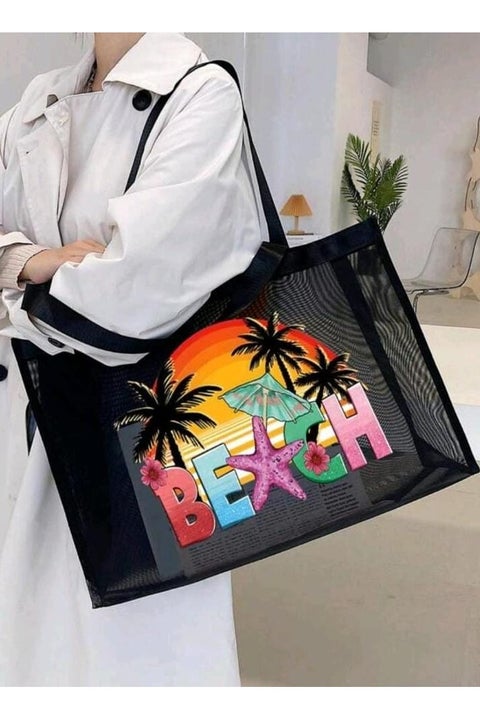Breathable Beach Mesh Tote Bag, Coconut Tree Letter Print, Large Capacity Casual Tote Bag