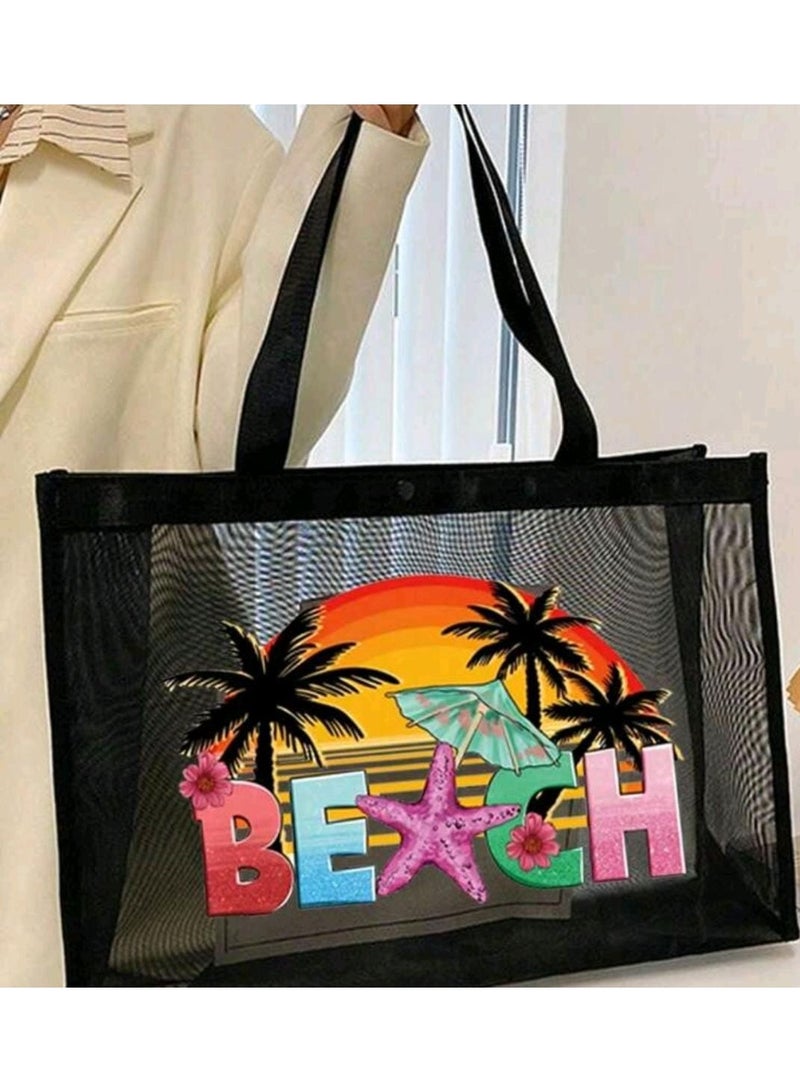 Shein Breathable Beach Mesh Tote Bag, Coconut Tree Letter Print, Large Capacity Casual Tote Bag - Image 2