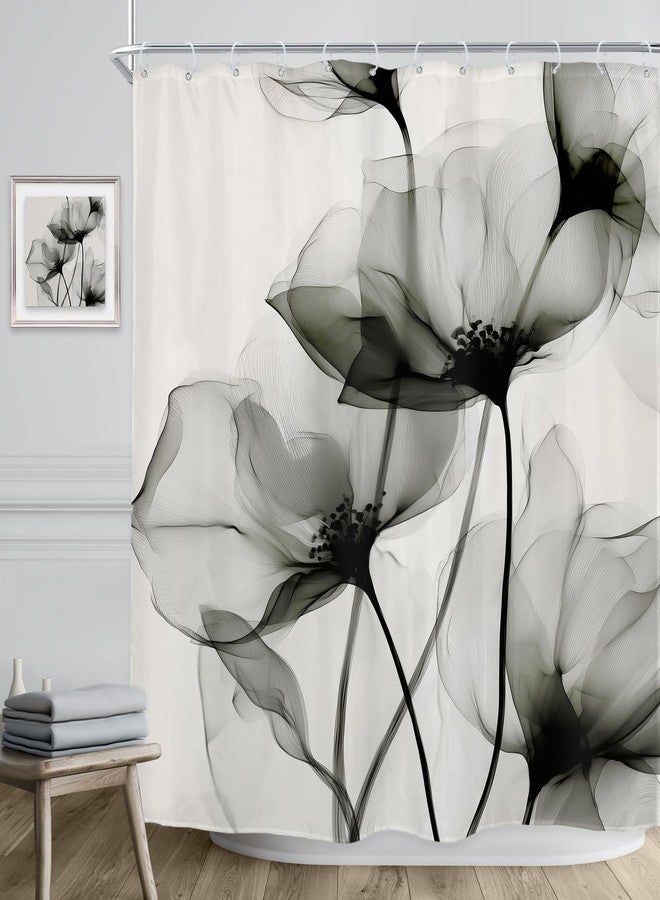Riyidecor Gray Floral Shower Curtain 72Wx72H Inch Grey Watercolor Flower Minimalist Farmhouse Elegant Artistic Ink Painting Style Chic Rustic Bathroom Decor Fabric Polyester Waterproof 12 Pack Hooks - Image 3