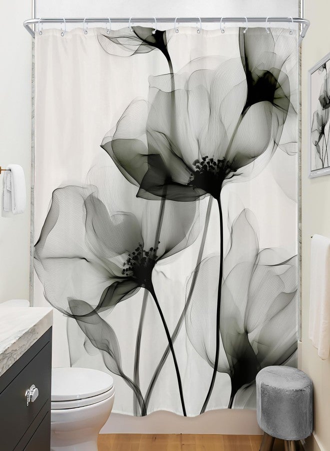 Riyidecor Gray Floral Shower Curtain 72Wx72H Inch Grey Watercolor Flower Minimalist Farmhouse Elegant Artistic Ink Painting Style Chic Rustic Bathroom Decor Fabric Polyester Waterproof 12 Pack Hooks - Image 4