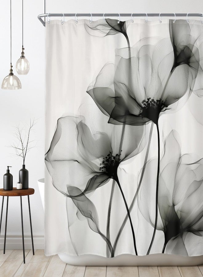 Riyidecor Gray Floral Shower Curtain 72Wx72H Inch Grey Watercolor Flower Minimalist Farmhouse Elegant Artistic Ink Painting Style Chic Rustic Bathroom Decor Fabric Polyester Waterproof 12 Pack Hooks - Image 1