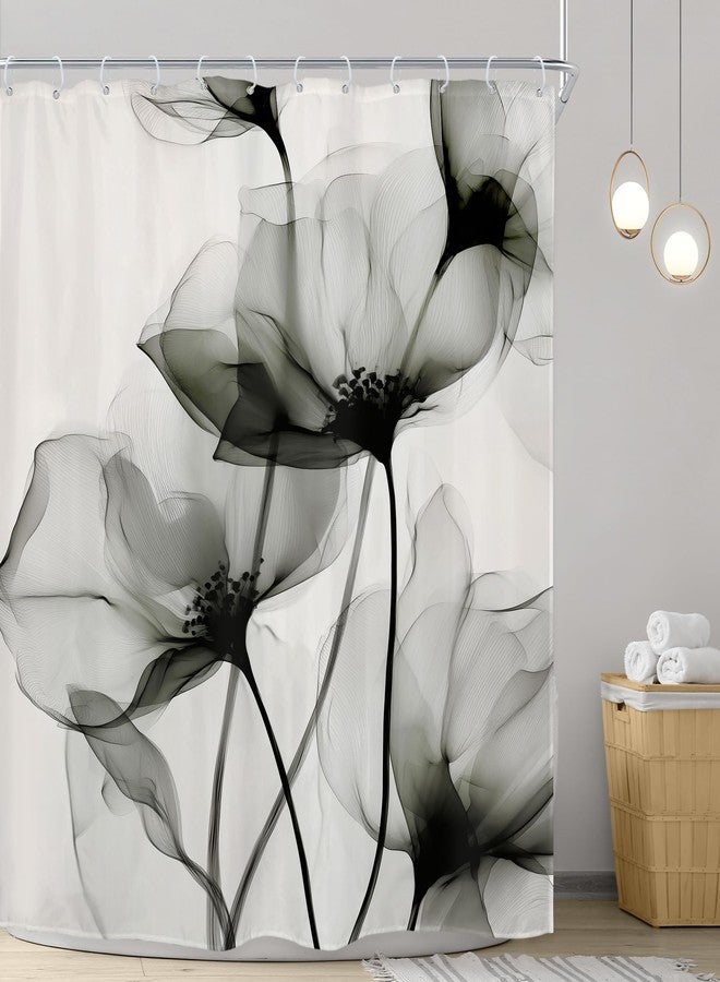 Riyidecor Gray Floral Shower Curtain 72Wx72H Inch Grey Watercolor Flower Minimalist Farmhouse Elegant Artistic Ink Painting Style Chic Rustic Bathroom Decor Fabric Polyester Waterproof 12 Pack Hooks - Image 2