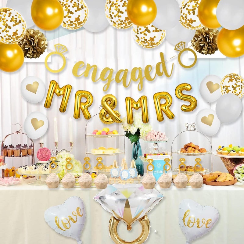 Finypa Gold Engagement Party Decorations, Engagement Gold Banner, MR and MRS Balloons, Giant Ring, Heart Balloons, Gold Latex Confetti Balloons for Bachelorette Party Decorations - Image 4