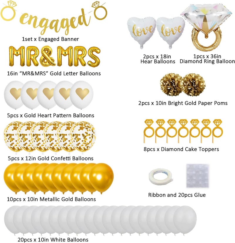 Finypa Gold Engagement Party Decorations, Engagement Gold Banner, MR and MRS Balloons, Giant Ring, Heart Balloons, Gold Latex Confetti Balloons for Bachelorette Party Decorations - Image 2