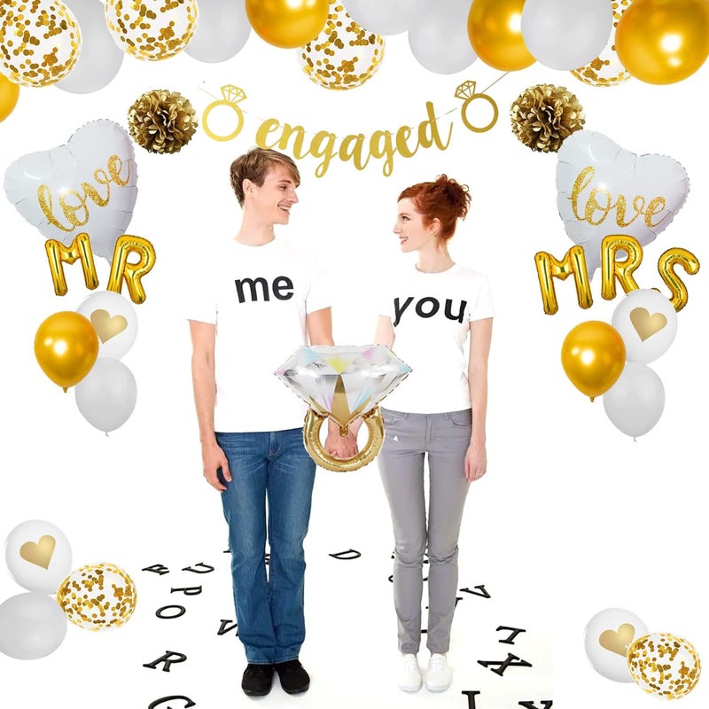 Finypa Gold Engagement Party Decorations, Engagement Gold Banner, MR and MRS Balloons, Giant Ring, Heart Balloons, Gold Latex Confetti Balloons for Bachelorette Party Decorations - Image 3