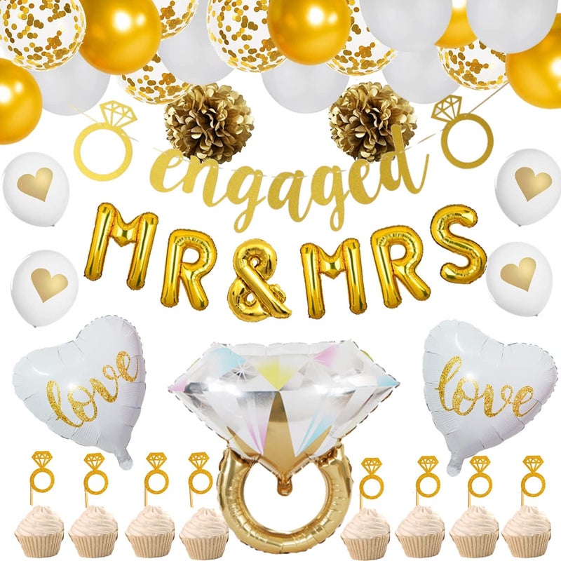 Finypa Gold Engagement Party Decorations, Engagement Gold Banner, MR and MRS Balloons, Giant Ring, Heart Balloons, Gold Latex Confetti Balloons for Bachelorette Party Decorations - Image 1
